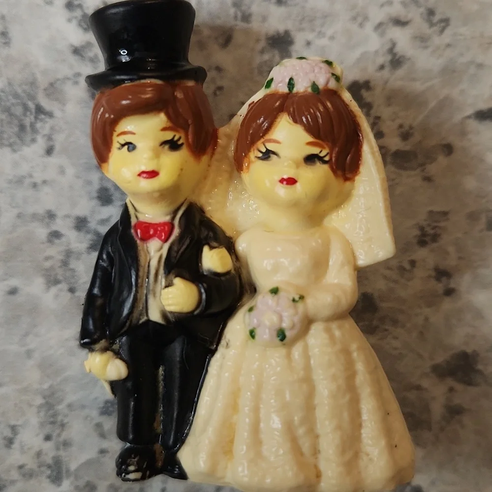 Vintage Mini Bride & Groom Cake Topper 2.25” Plastic Figurine